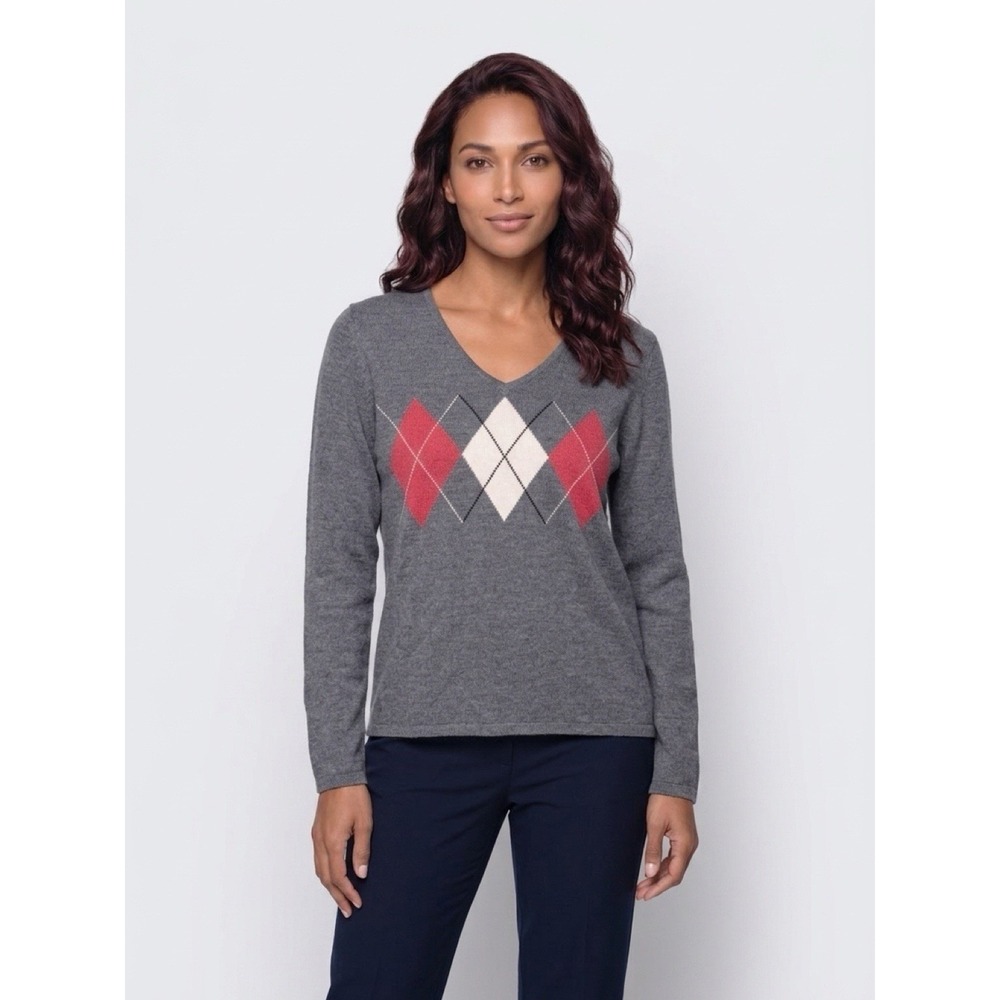 New York & Company Sweater Women Medium Gray Argyle V-Neck Acrylic Knit